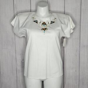Vintage 90s City Girl Blouse with Leather and Beaded Embellishments, sz 12